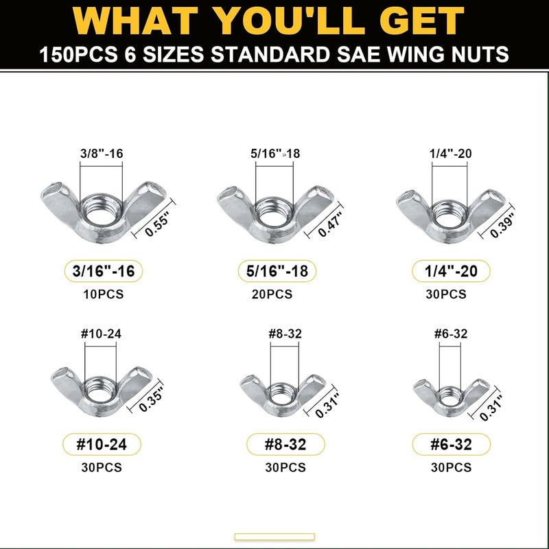 Siptenk Wing Nuts 300PCS, Metric & SAE Wingnuts 12 Assorted Sizes Carbon Steel Zinc Plated Butterfly Wing Nut M3-M10 6-32 to 3/8"-16 Fasteners Hardware Assortment Kit - Image 2